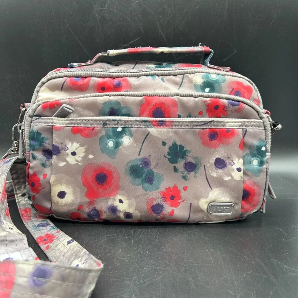 LUG Scoop Crossbody‎ Shoulder Bag Purse Watercolor Grey Pink Teal Flower